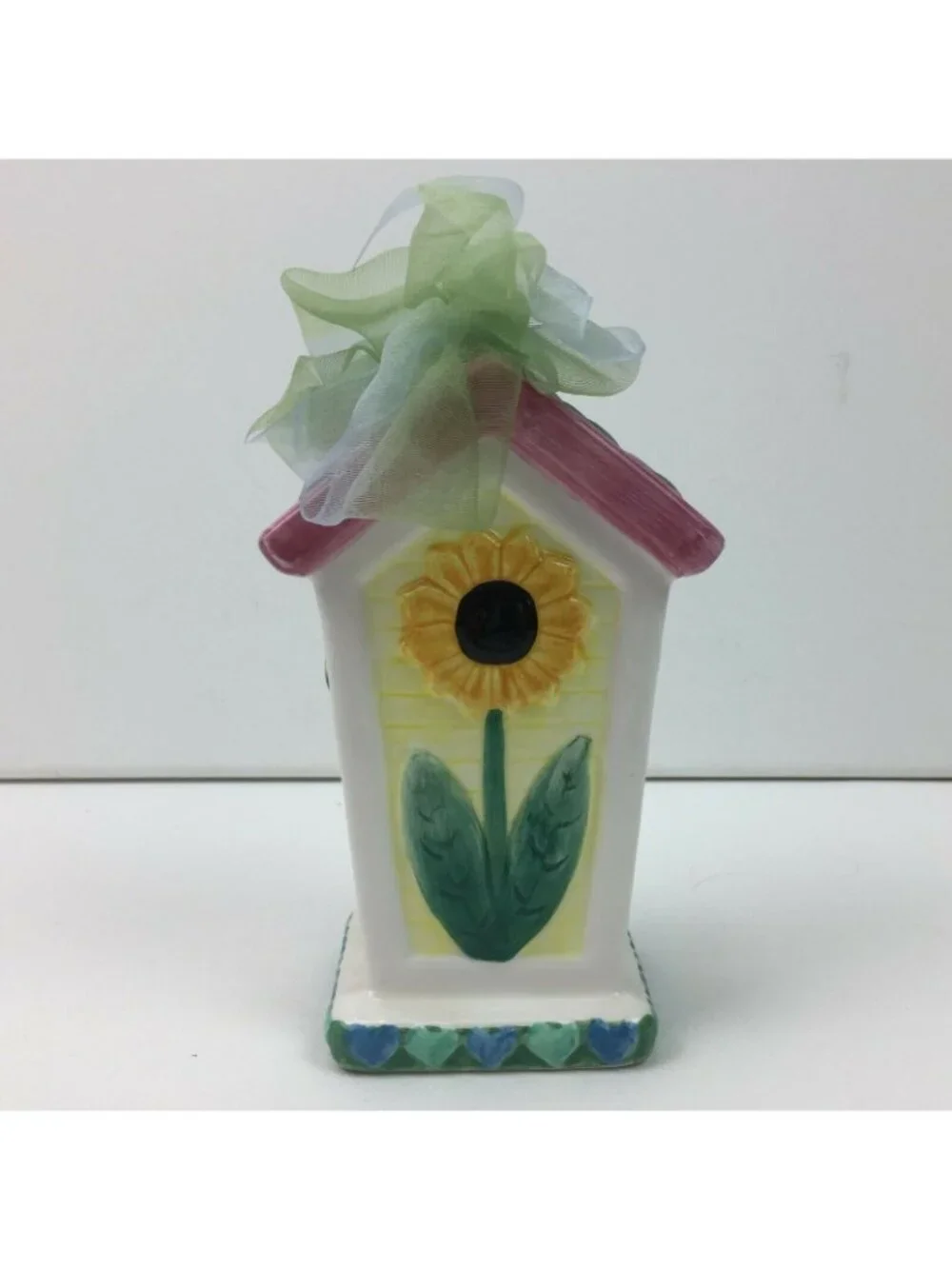 Ceramic Birdhouse Indoor Decor Sunflower Birds Flowers Hearts Ribbon Hanger